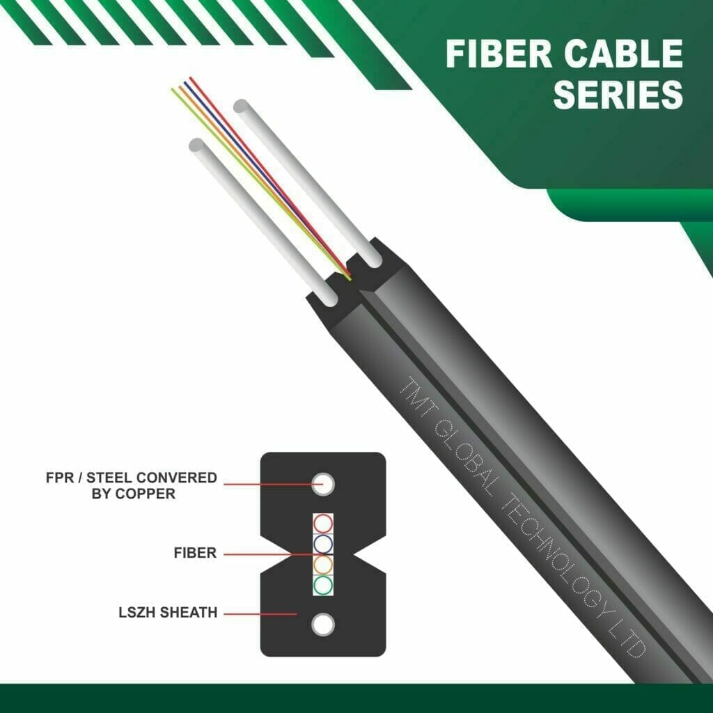 tmt global fiber products range fiber patch cord sc lc single mode multi mode pigtails patch panel splitters odf onu apc upc st series du etisalat approved FTTH fiber optic Drop cable 4 Core single mode G.657/A1/A2-G.652D